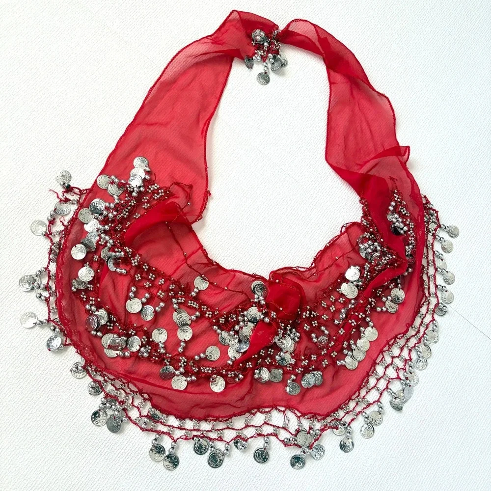 Vintage Belly Dance Hip Scarf Coin Belt One Size Red